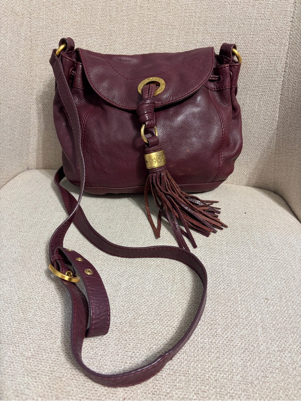 Women's Burgundy Leather Tassel Crossbody Bag